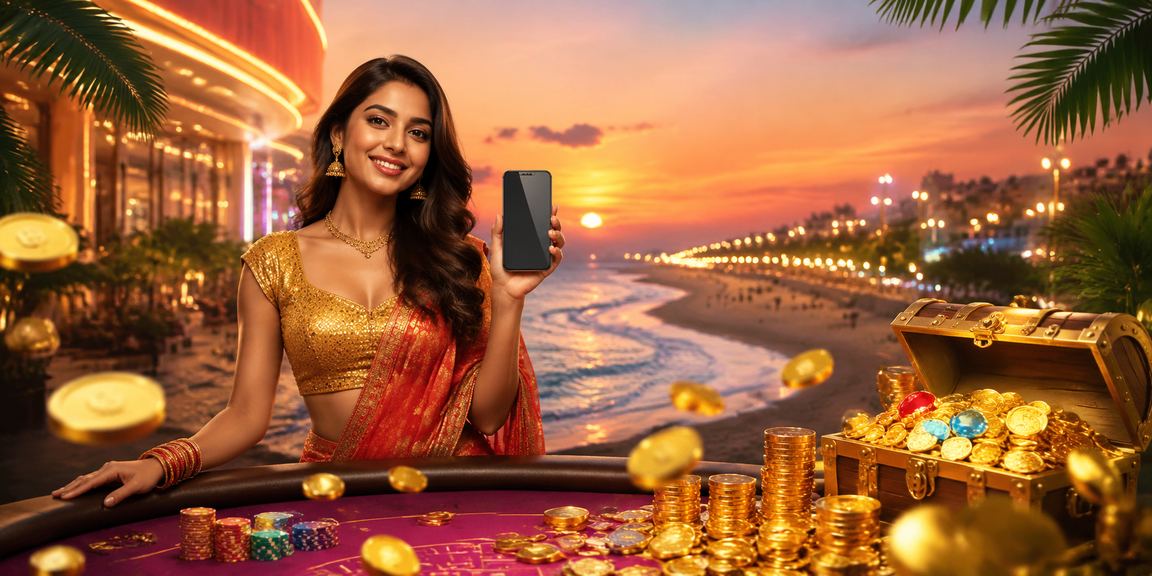 Person using mobile casino app at Chennai Marina Beach
